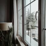 A serene indoor setting with plants by a window, overlooking a snowy outdoor scene.