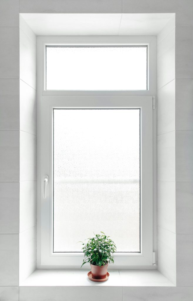 Bright indoor scene with a potted plant on a white window sill, perfect for modern interiors.